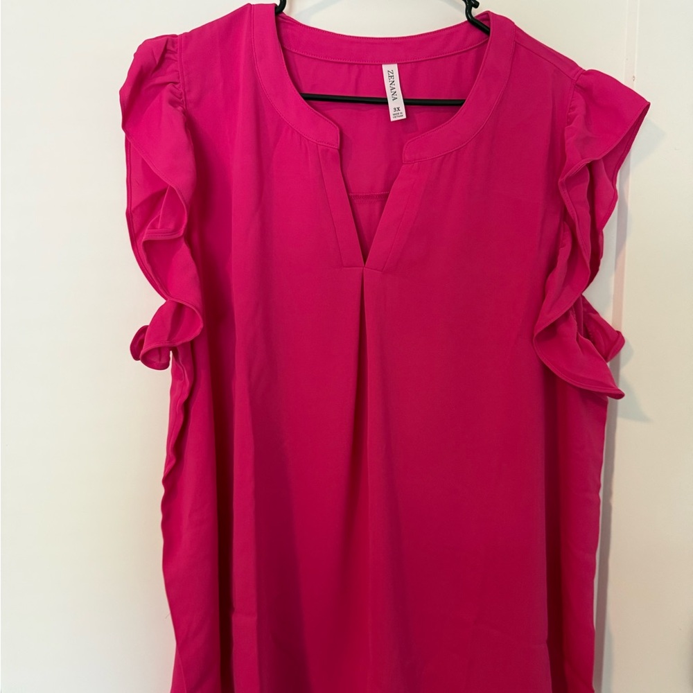 Zenana Outfitters Hot Pink Ruffle Sleeve V-Neck Blouse
